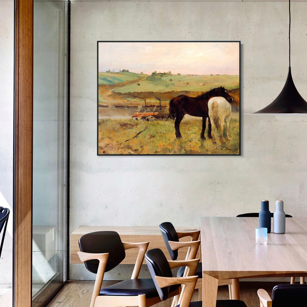 INVIN ART Framed Canvas Giclee Print Art Horses in a Meadow a鈧?1871 by Edgar Degas Wall Art