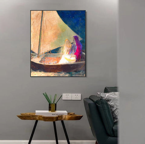 INVIN ART Framed Canvas Boat with Two Figures by Odilon Redon Wall Art Living Room Home Office Decorations