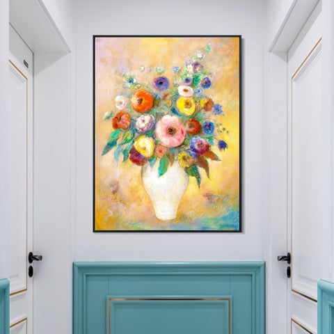 INVIN ART Framed Canvas Vase of Flowers by Odilon Redon Wall Art Living Room Home Office Decorations