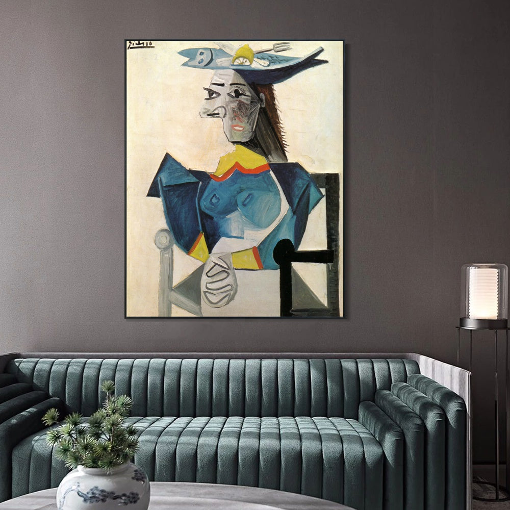 INVIN ART Framed Canvas Giclee Print Art Woman sitting in hat-fish by Pablo Picasso Wall Art