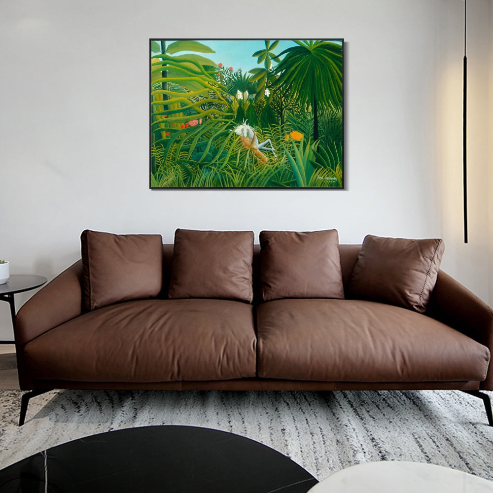INVIN ART Framed Canvas Giclee Print Art Jaguar Attacking A Horse by Henri Rousseau Wall Art