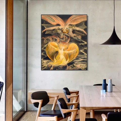 INVIN ART Framed Canvas Giclee Print Art Great RED Dragon Woman Clothed Sun by William Blake Wall Art Living Room Home Office Decorations