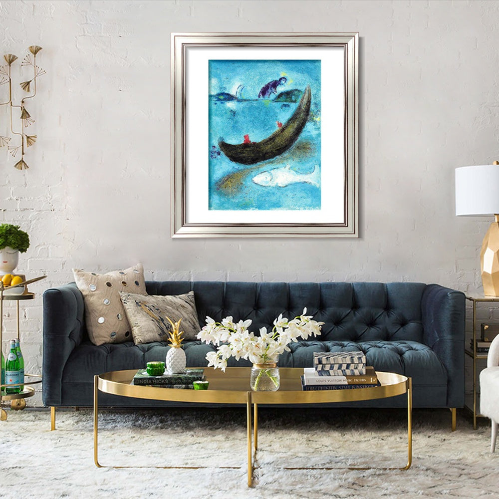 INVIN ART Framed Canvas Art Giclee Print Boat and fish by Marc Chagall Wall Art Room Living Office Home Decorations
