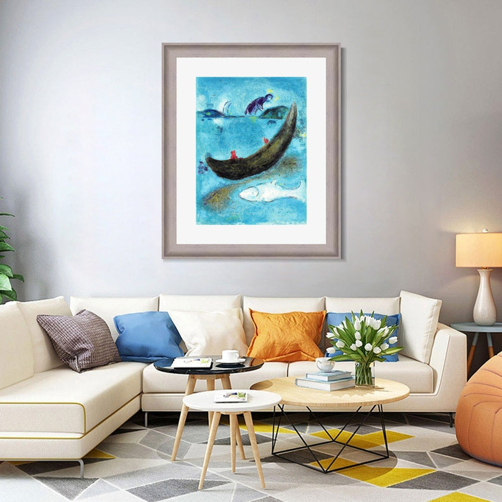INVIN ART Framed Canvas Art Giclee Print Boat and fish by Marc Chagall Wall Art Room Living Office Home Decorations