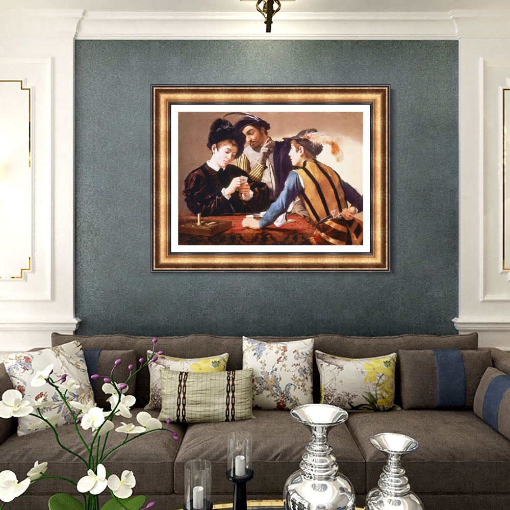 INVIN ART Framed Canvas Art Giclee Print The Cardsharps by Michelangelo Merisi da Caravaggio Wall Art