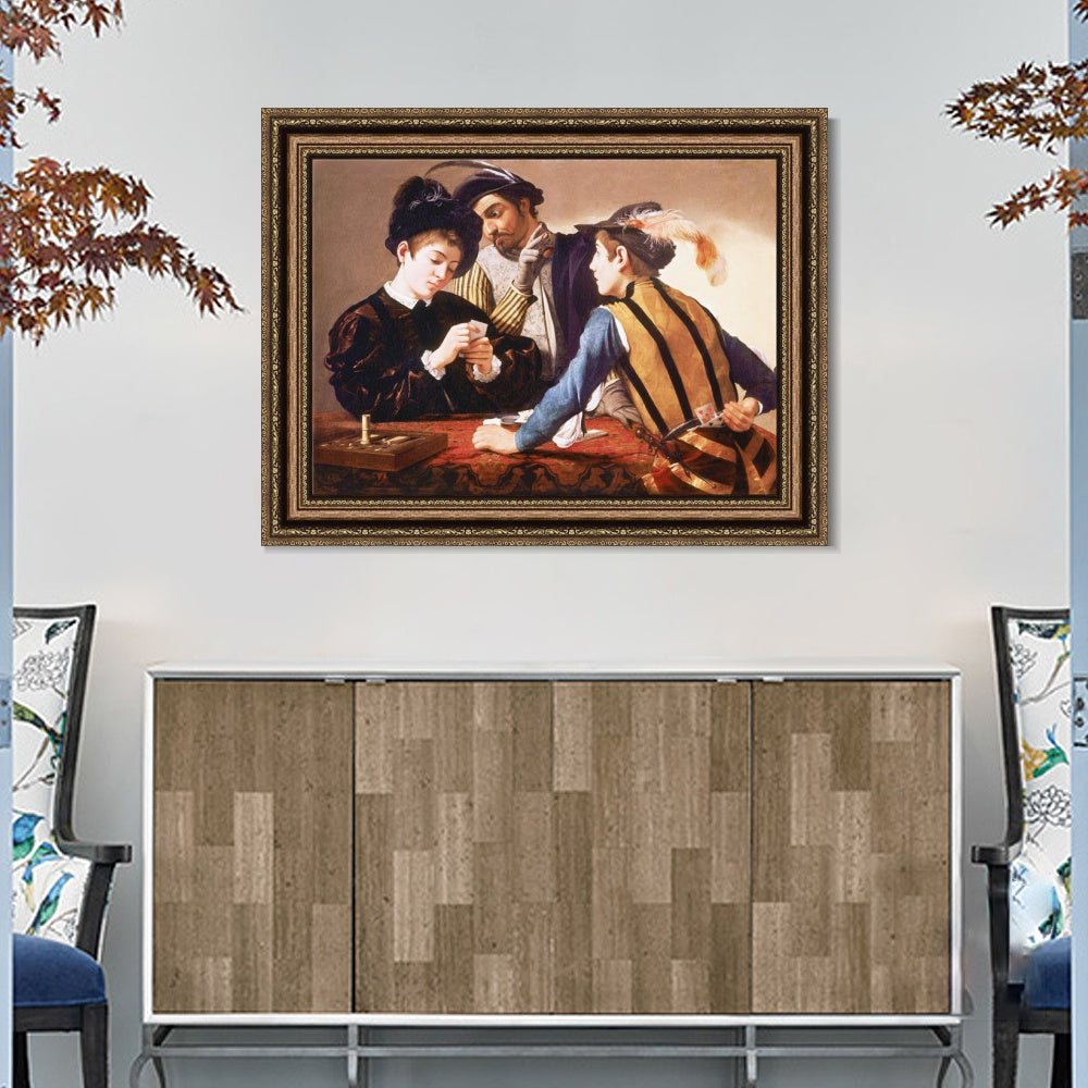 INVIN ART Framed Canvas Art Giclee Print The Cardsharps by Michelangelo Merisi da Caravaggio Wall Art