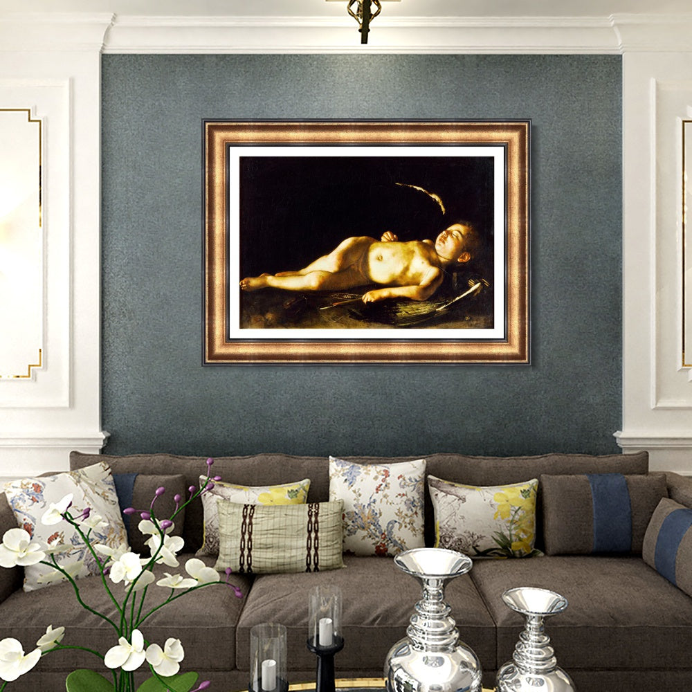 INVIN ART Framed Canvas Art Giclee Print Sleeping Cupid by Michelangelo Merisi da Caravaggio Wall Art