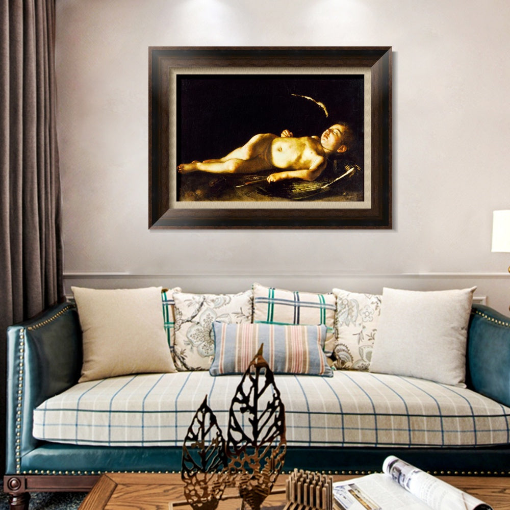 INVIN ART Framed Canvas Art Giclee Print Sleeping Cupid by Michelangelo Merisi da Caravaggio Wall Art