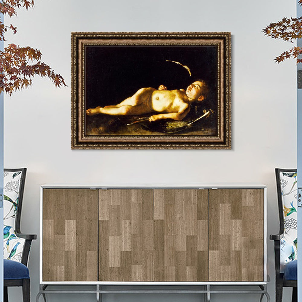 INVIN ART Framed Canvas Art Giclee Print Sleeping Cupid by Michelangelo Merisi da Caravaggio Wall Art