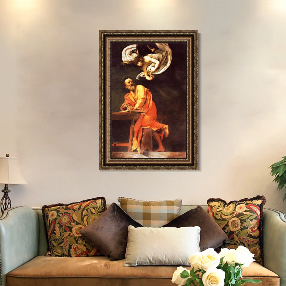 INVIN ART Framed Canvas Art Giclee Print The Inspiration of Saint Matthew by Michelangelo Merisi da Caravaggio Wall Art Decorations