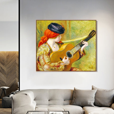 INVIN ART Framed Canvas Young Spanish Woman with a Guitar by Pierre Auguste Renoir Wall Art Living Room Home Office Decorations