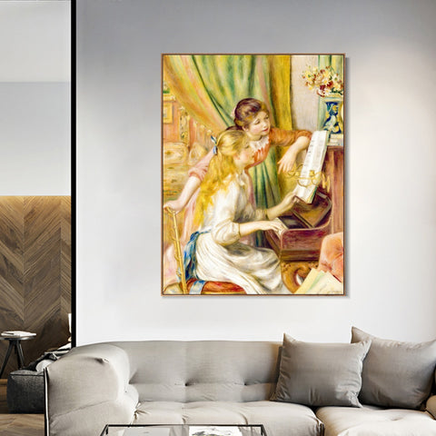 INVIN ART Framed Canvas Young Girls at the Piano by Pierre Auguste Renoir Wall Art Living Room Home Office Decorations