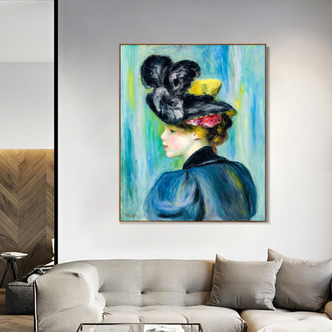 INVIN ART Framed Canvas JEUNE FEMME AU CHAPEAU NOIR by Pierre Auguste Renoir Wall Art Living Room Home Office Decorations