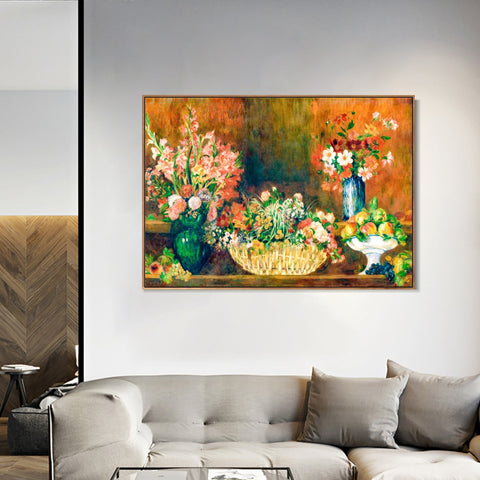INVIN ART Framed Canvas Still Life with Flowers and Fruit by Pierre Auguste Renoir Wall Art Living Room Home Office Decorations