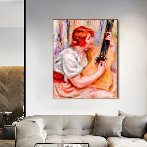 INVIN ART Framed Canvas Woman with a Guitar by Pierre Auguste Renoir Wall Art Living Room Home Office Decorations