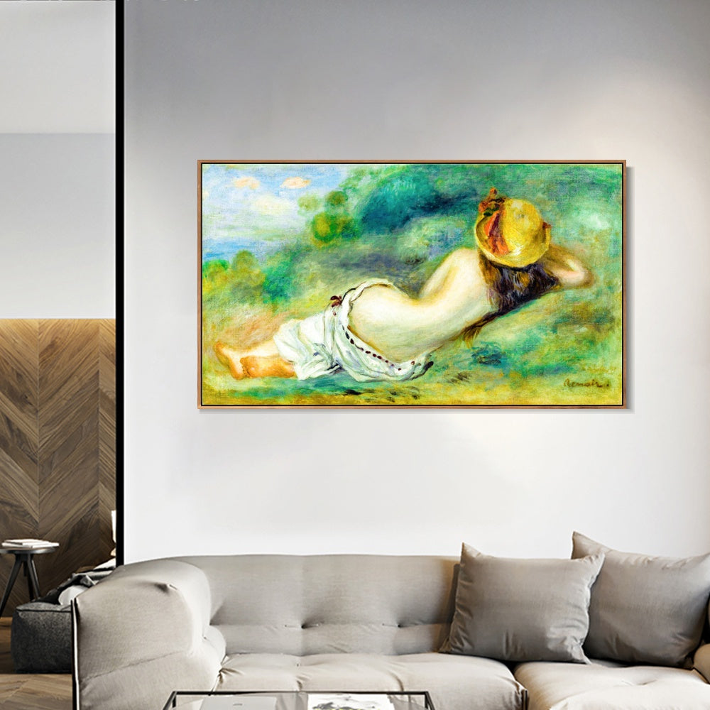 INVIN ART Framed Canvas BAIGNEUSE ALLONGEE DE DOS AVEC UN CHAPEAU DE PAILLE OR FEMME COUCHEE SUR L'HERBE by Pierre Auguste Renoir Wall Art Living Room Home Office Decorations