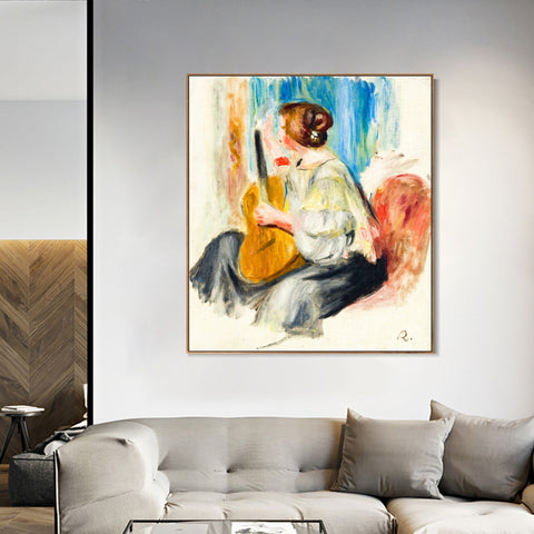 INVIN ART Framed Canvas FEMME A LA GUITARE by Pierre Auguste Renoir Wall Art Living Room Home Office Decorations