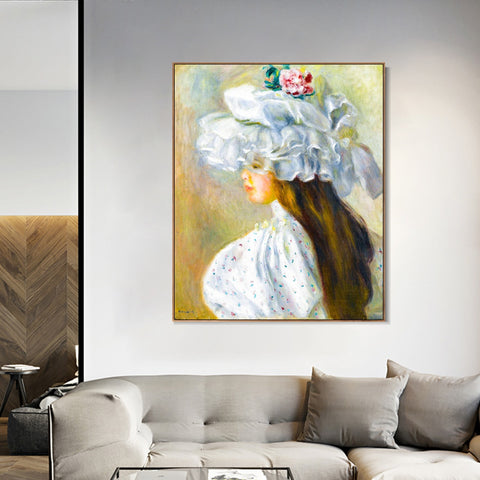 INVIN ART Framed Canvas FEMME AU CHAPEAU BLANC by Pierre Auguste Renoir Wall Art Living Room Home Office Decorations