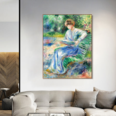 INVIN ART Framed Canvas FEMME LISANT SUR UN BANC by Pierre Auguste Renoir Wall Art Living Room Home Office Decorations