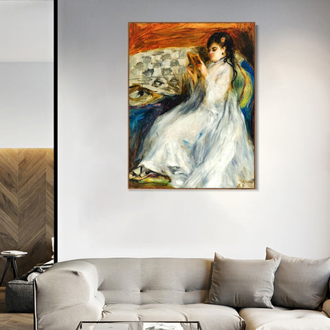 INVIN ART Framed Canvas JEUNE FEMME EN BLANC LISANT by Pierre Auguste Renoir Wall Art Living Room Home Office Decorations