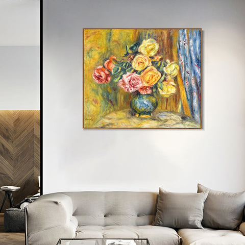 INVIN ART Framed Canvas LES ROSES AU RIDEAU BLEU by Pierre Auguste Renoir Wall Art Living Room Home Office Decorations
