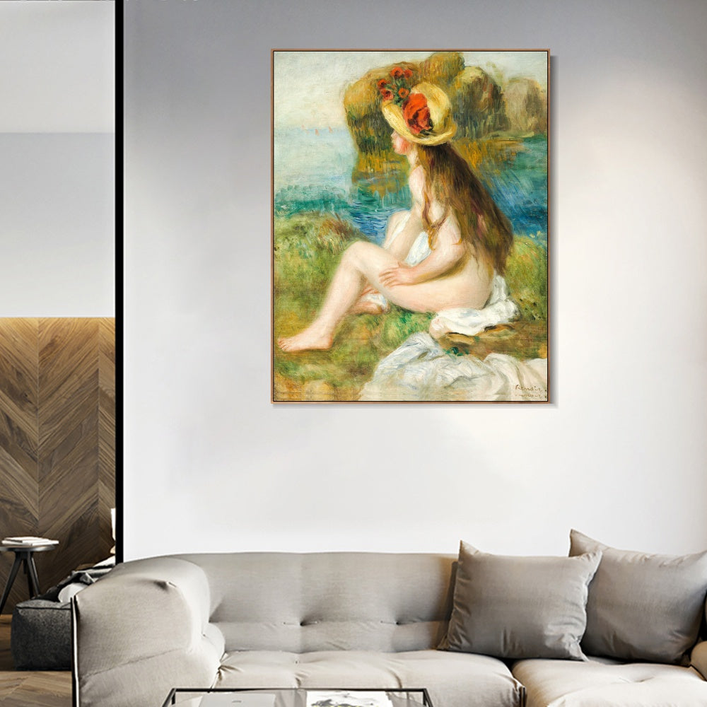 INVIN ART Framed Canvas NU AU CHAPEAU DE PAILLE ASSIS EN BORDURE DE MER by Pierre Auguste Renoir Wall Art Living Room Home Office Decorations