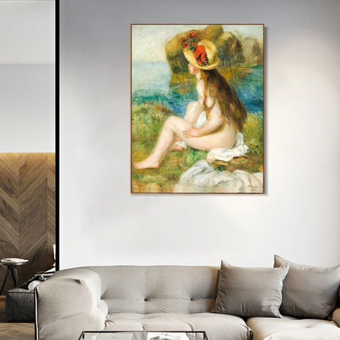 INVIN ART Framed Canvas NU AU CHAPEAU DE PAILLE ASSIS EN BORDURE DE MER by Pierre Auguste Renoir Wall Art Living Room Home Office Decorations