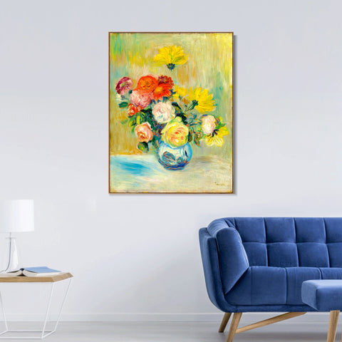INVIN ART Framed Canvas VASE DE ROSES ET DAHLIAS by Pierre Auguste Renoir Wall Art Living Room Home Office Decorations