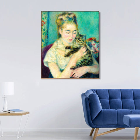 INVIN ART Framed Canvas Woman with a Cat by Pierre Auguste Renoir Wall Art Living Room Home Office Decorations