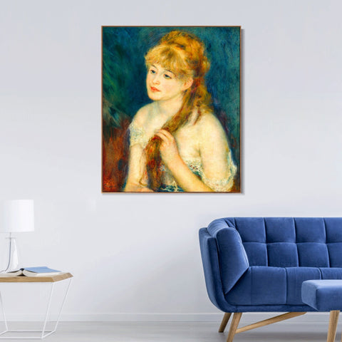 INVIN ART Framed Canvas Young Woman Braiding Her Hair by Pierre Auguste Renoir Wall Art Living Room Home Office Decorations