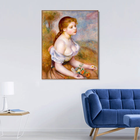 INVIN ART Framed Canvas A Young Girl with Daisies by Pierre Auguste Renoir Wall Art Living Room Home Office Decorations