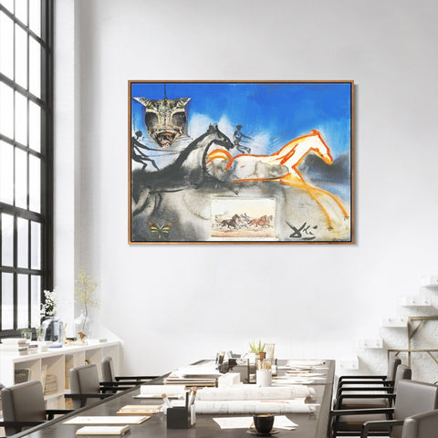 INVIN ART Framed Canvas American Trotting Horses No. 2 (Currier And Ives) 1971 by Salvador Dal Wall Art Living Room Home Office Decorations