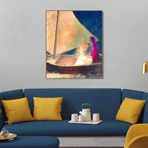 INVIN ART Framed Canvas Boat with Two Figures by Odilon Redon Wall Art Living Room Home Office Decorations
