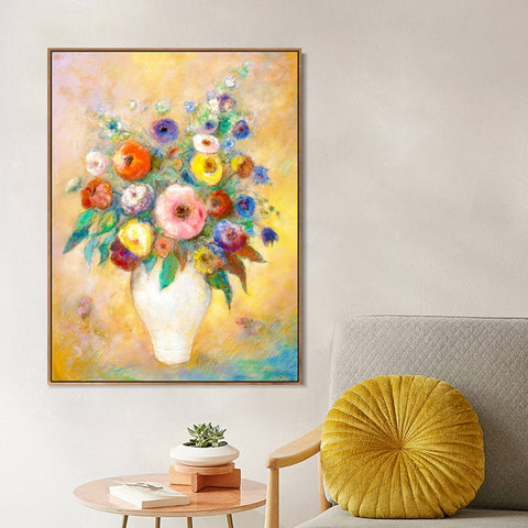 INVIN ART Framed Canvas Vase of Flowers by Odilon Redon Wall Art Living Room Home Office Decorations