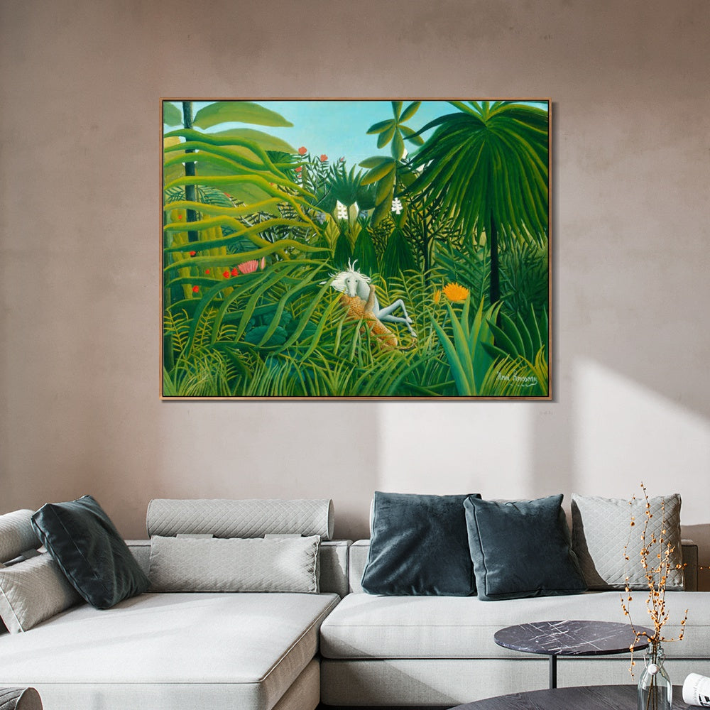 INVIN ART Framed Canvas Giclee Print Art Jaguar Attacking A Horse by Henri Rousseau Wall Art
