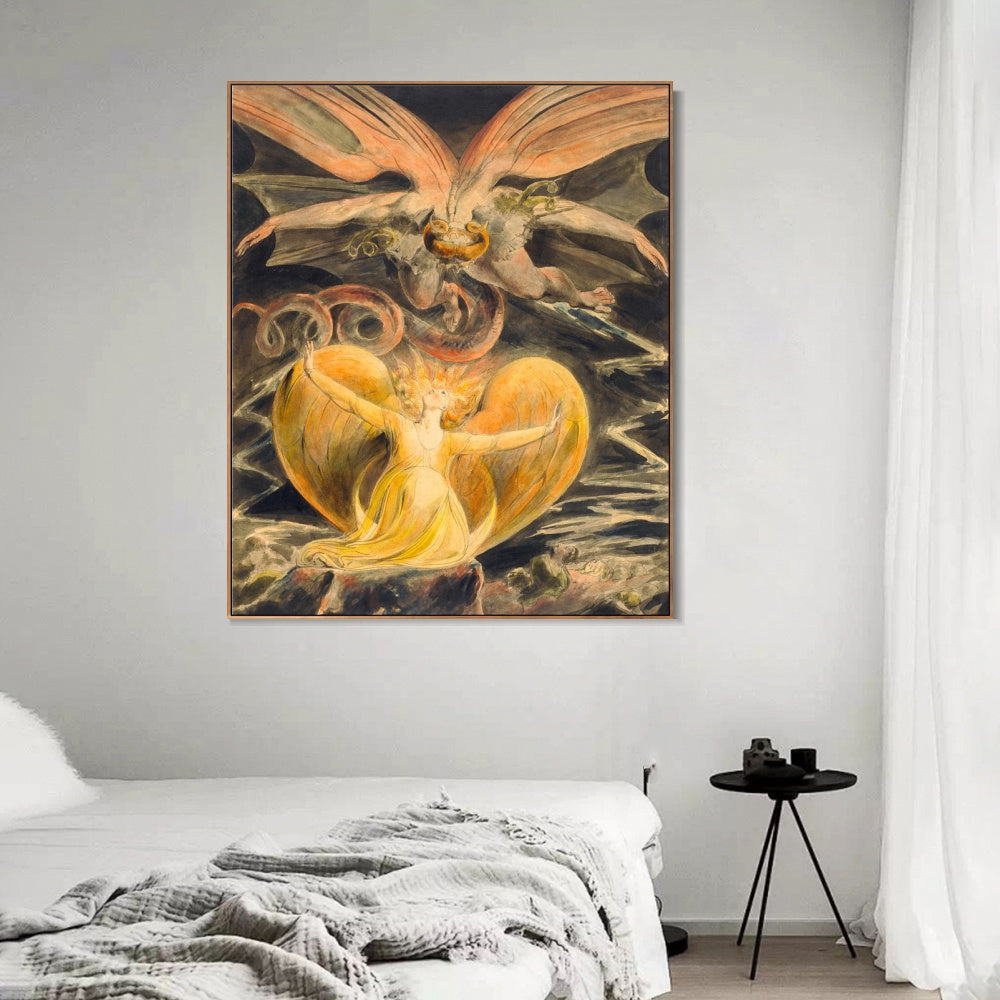 INVIN ART Framed Canvas Giclee Print Art Great RED Dragon Woman Clothed Sun by William Blake Wall Art