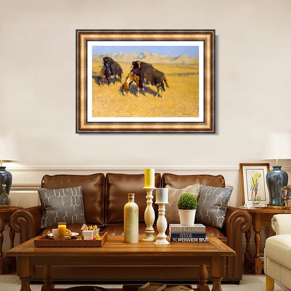 INVIN ART Framed Canvas Art Giclee Print Indians Simulating Buffalo by Frederic Remington Wall Art