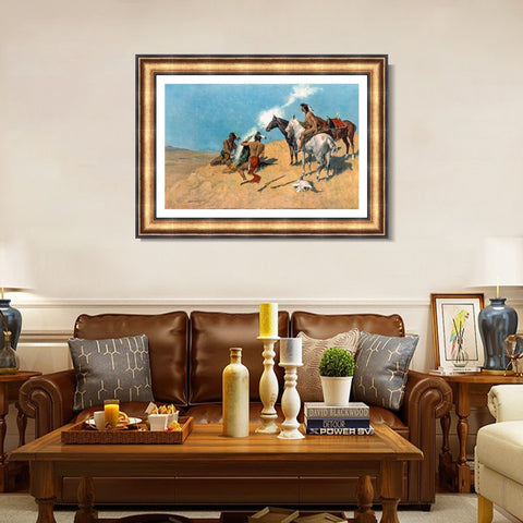 INVIN ART Framed Canvas Art Giclee Print The Smoke Signal by Frederic Remington Wall Art Living Room Home Office Decorations