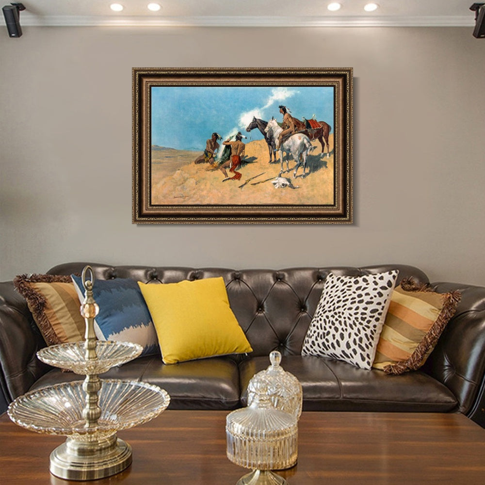 INVIN ART Framed Canvas Art Giclee Print The Smoke Signal by Frederic Remington Wall Art