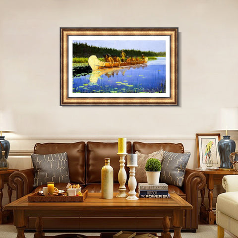 INVIN ART Framed Canvas Art Giclee Print Radisson and Groseilliers by Frederic Remington Wall Art Living Room Home Office Decorations