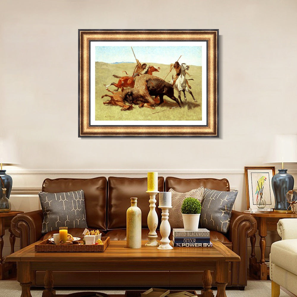 INVIN ART Framed Canvas Art Giclee Print The Buffalo Hunt by Frederic Remington Wall Art