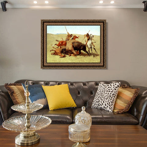 INVIN ART Framed Canvas Art Giclee Print The Buffalo Hunt by Frederic Remington Wall Art Living Room Home Office Decorations
