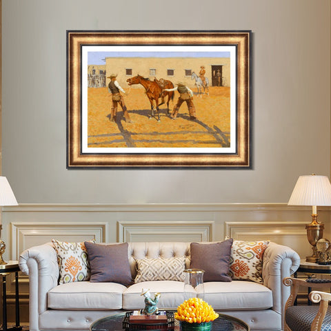INVIN ART Framed Canvas Art Giclee Print His First Leson, 1903 by Frederic Remington Wall Art Living Room Home Office Decorations