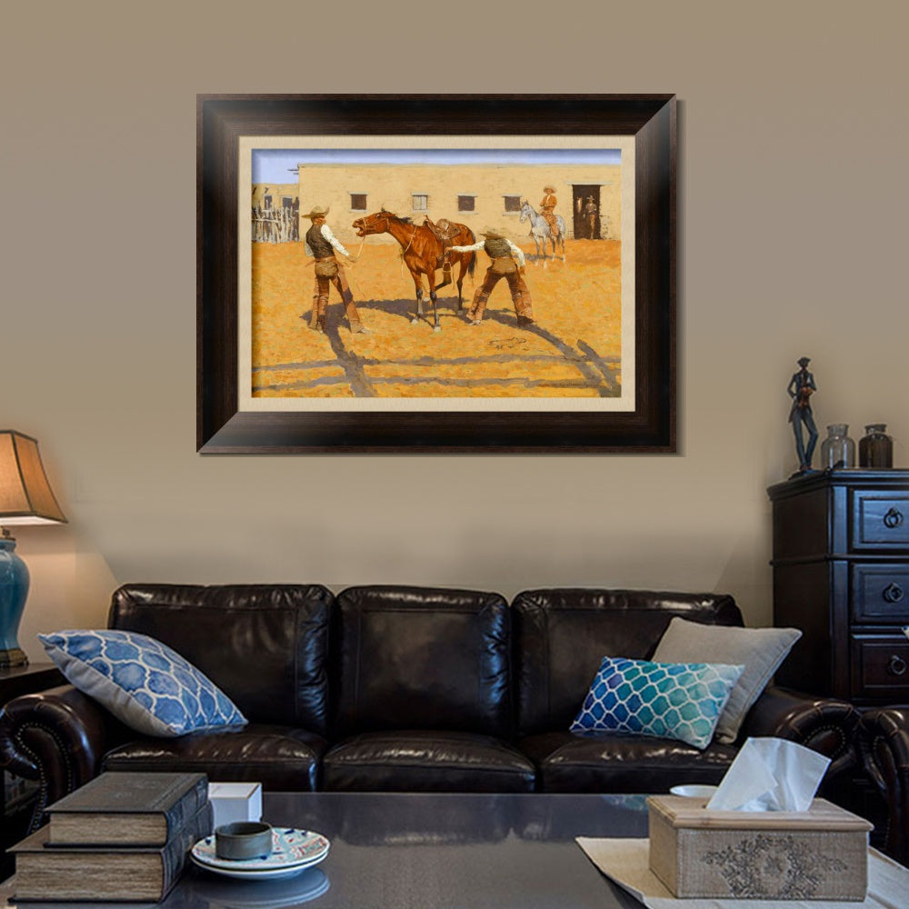 INVIN ART Framed Canvas Art Giclee Print His First Leson, 1903 by Frederic Remington Wall Art