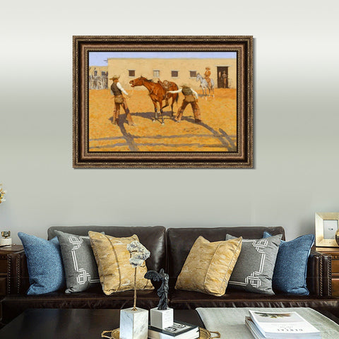 INVIN ART Framed Canvas Art Giclee Print His First Leson, 1903 by Frederic Remington Wall Art Living Room Home Office Decorations