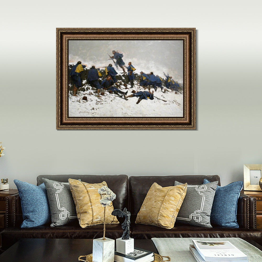 INVIN ART Framed Canvas Art Giclee Print Through the Smoke Sprang the Daring Soldier, 1897 by Frederic Remington