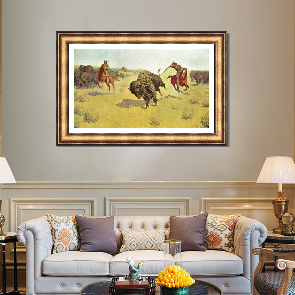 INVIN ART Framed Canvas Art Giclee Print Buffalo Runners by Frederic Remington Wall Art
