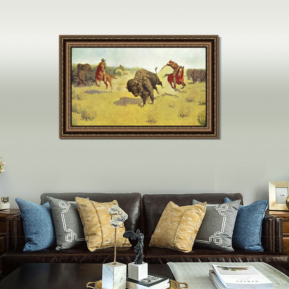 INVIN ART Framed Canvas Art Giclee Print Buffalo Runners by Frederic Remington Wall Art