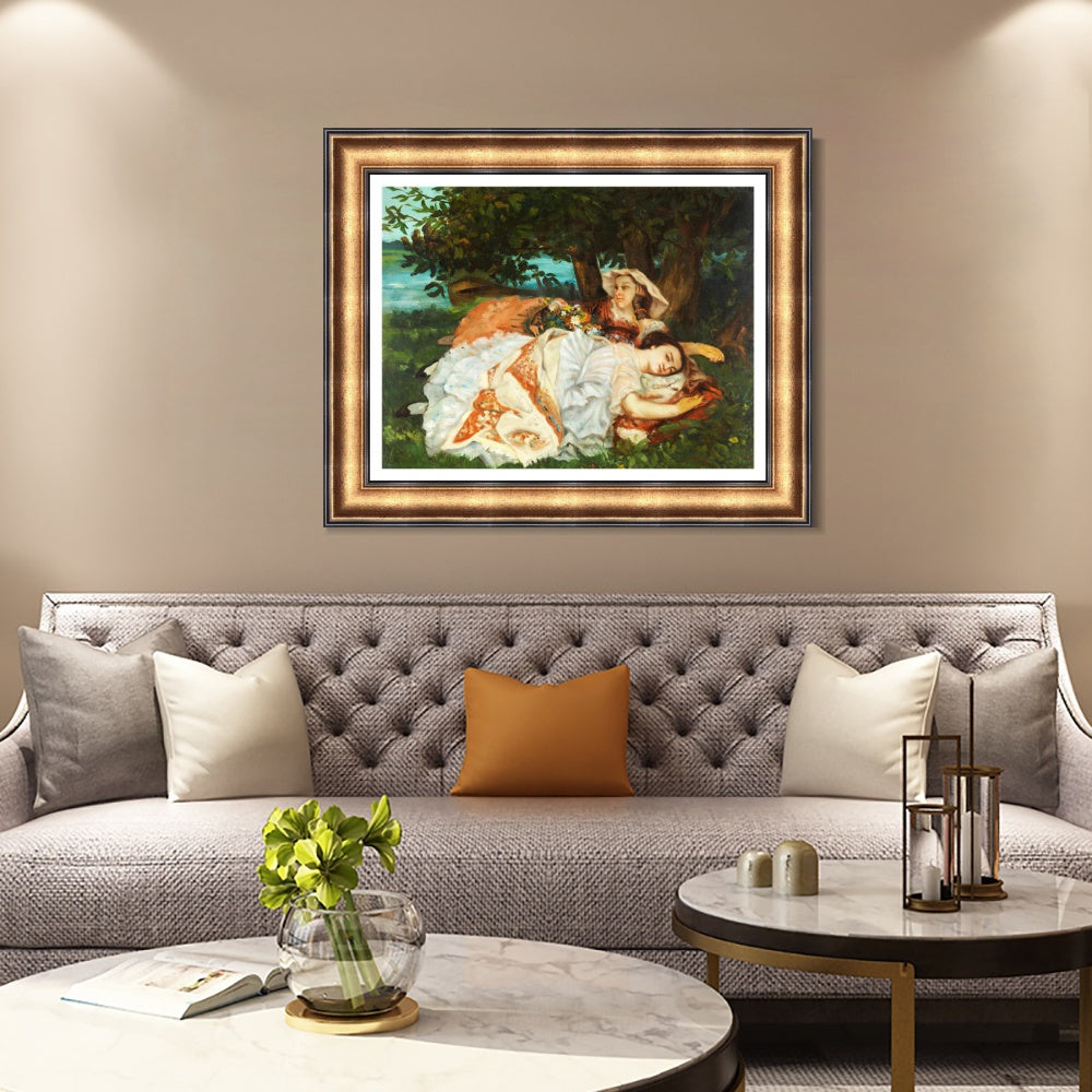 INVIN ART Framed Canvas Art Giclee Print Fanciulle sulla riva della Senna (1857) by Gustave Courbet Wall Art
