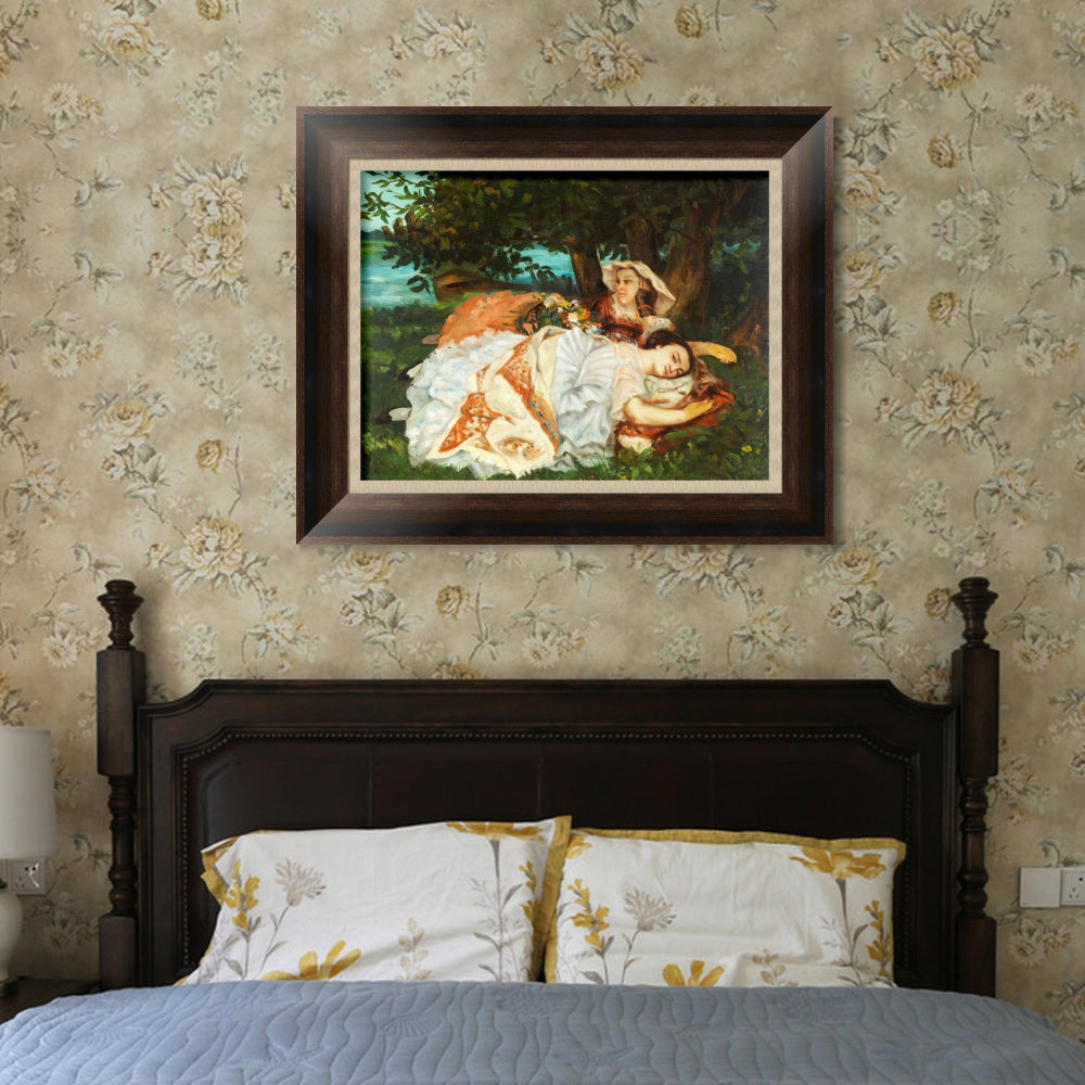 INVIN ART Framed Canvas Art Giclee Print Fanciulle sulla riva della Senna (1857) by Gustave Courbet Wall Art
